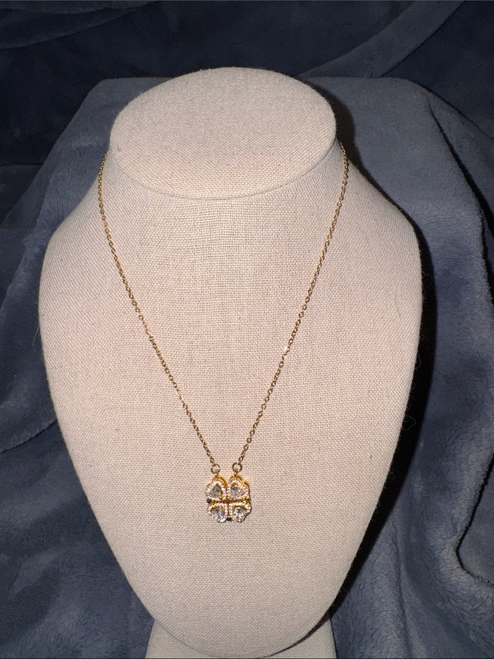 Halo Crystal Clover 2-Way Magnetic Pendant Necklace 18K Gold Overlay
